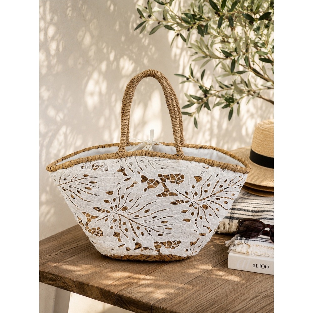Shiraleah Woven Straw Lace Overlay Beach Tote Bag Coastal Boho Resort Market